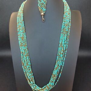 Turquoise & Gold Copper Color Seed Bead Necklace and Bracelet Jewelry Set